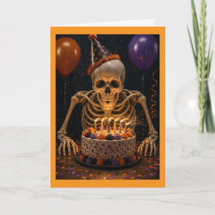 Cartão Esqueleto Engraçado no Halloween de Aniversário De