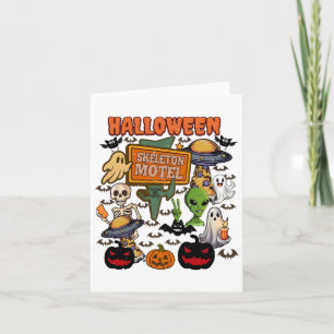 Cartão Esqueleto Motel Halloween Fantasma Fofo Dia das Br