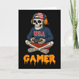 Cartão Esqueleto Patriótico de Halloween Gamer Esqueleto