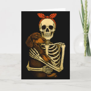 Cartão Esqueleto segurando cachorro dachshund Halloween p