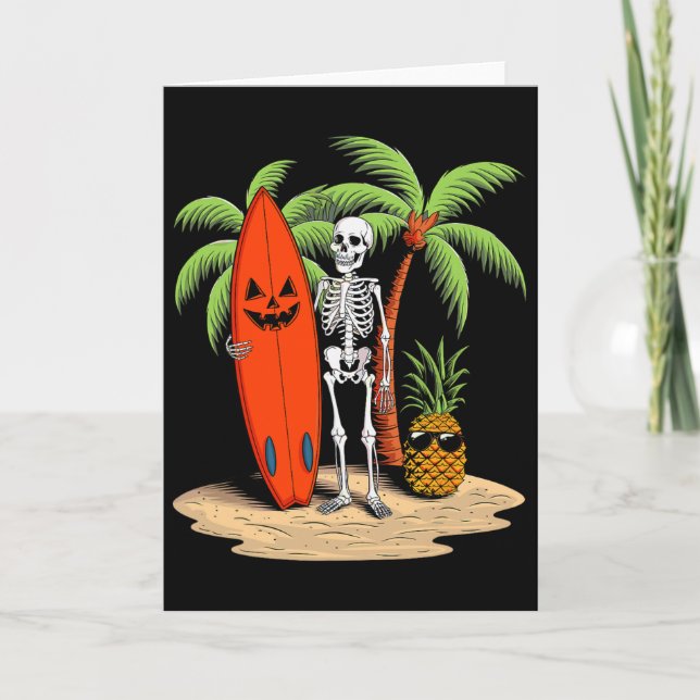 Cartão Esqueleto Surfando Vibração de Praia de Halloween  (Frente)