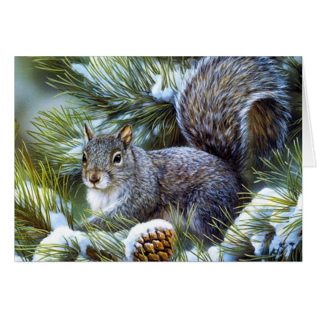 Cartão Esquilo (cinzento) cinzento da neve do inverno… (Frente Horizontal)