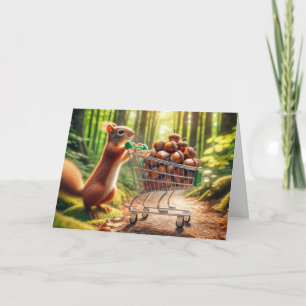 Cartão Esquilo de Aniversário com Bolotas num Carrinho de