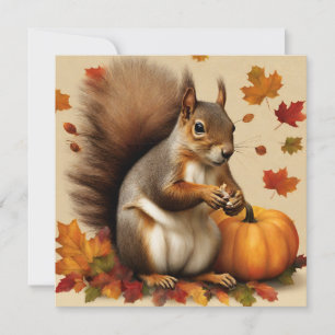 Cartão Esquilo de outono com Pumpkin e Folhas Chatas