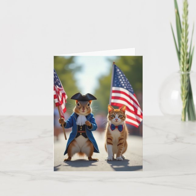 Cartão Esquilo Patriótico e Gato (Frente)