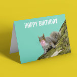 Cartão Esquilo soprando uma bolha de bublego Aniversário<br><div class="desc">Este cartão divertido está pronto para ser personalizado com a sua própria mensagem personalizada na frente e no dentro. Apresenta uma foto de um esquilo de cinza no lado de uma mossy árvore soprando uma bolha com uma borbulha rosa.</div>