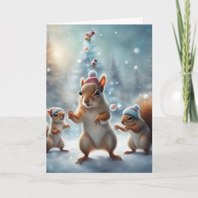 Cartão Esquilos brincando na neve Natal (Frente)