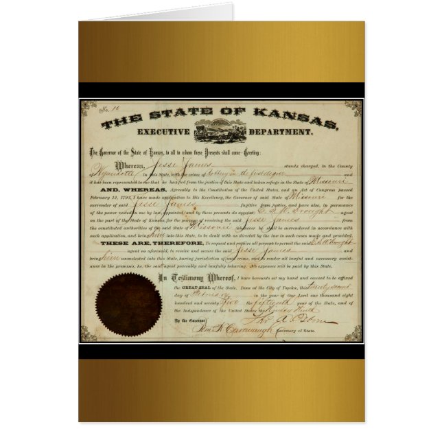 Cartão Estado do Kansas 1875 Jesse James Exadition Order (Frente)
