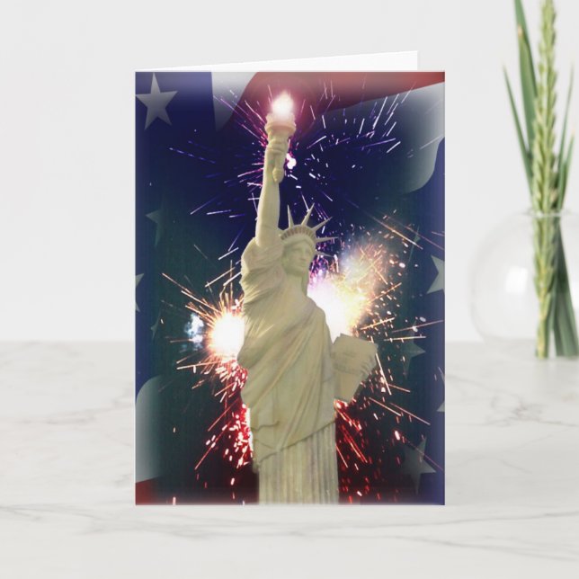 Cartão Estátua da Liberdade com Fogos de Artifício em 4 d (Frente)