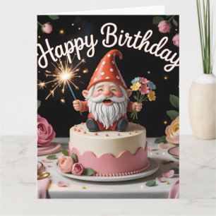 Cartão Estátua de Gnome de Aniversário em um Bolo