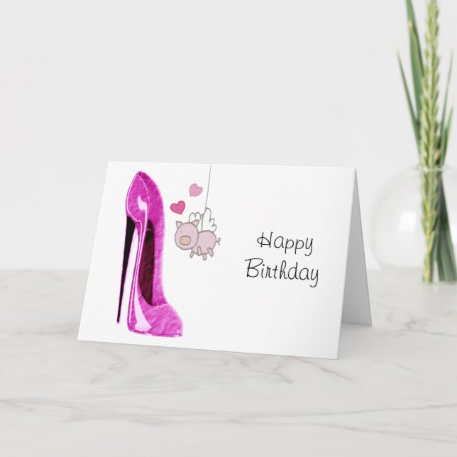 Cartão Estiletto rosa e Arte Suína Voadora (Frente)