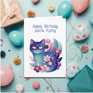 Cartão Estilo de Arte Folclórica Gato e Flores Aniversári