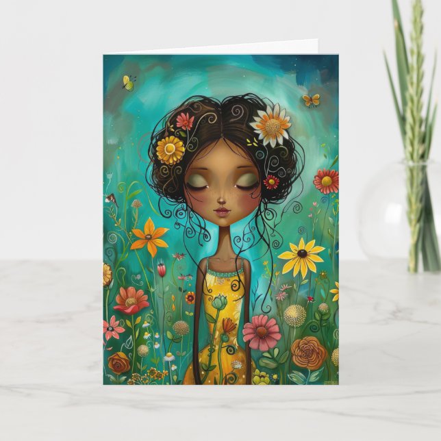Cartão Estilo de Ilustração de Mulher e Flores Olá Greeti (Frente)