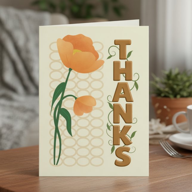 Cartão Estilo de Papoula Laranja Com Obrigado em Texto Br (Hand‑drawn flowers, customizable message. Your gratitude, your style.)