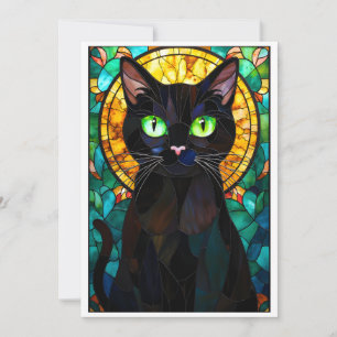 Cartão Estilo de Vitral Gatinho Preto Charmoso Olhos Verd
