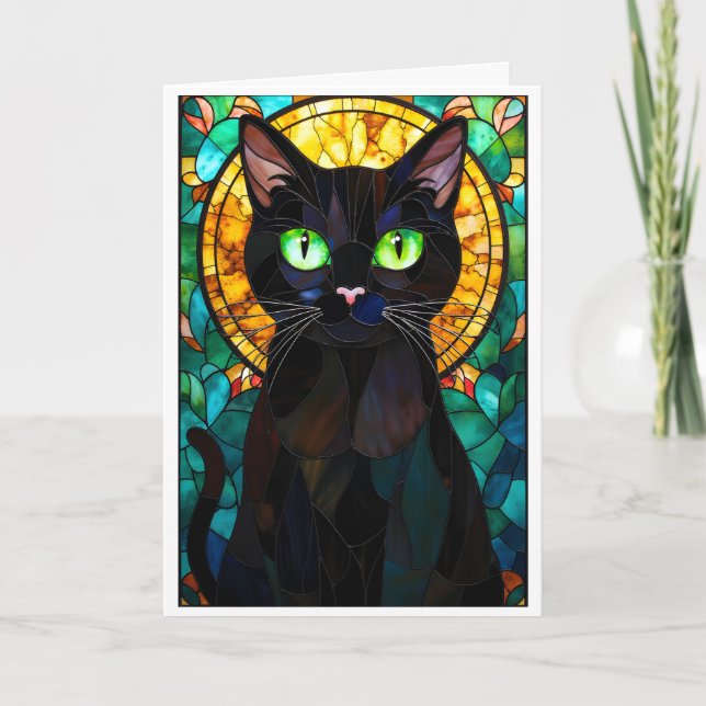 Cartão Estilo de Vitral Gatinho Preto Encantador Olhos Ve (Frente)