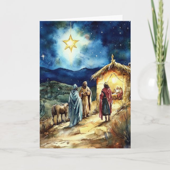 Cartão Estrela de Natal e Arte de Aquarela de Três Reis (Frente)