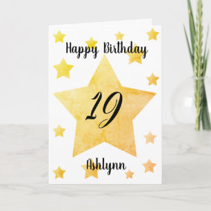 Cartão Estrelas Aquarela Dourada Feliz 19º Aniversário