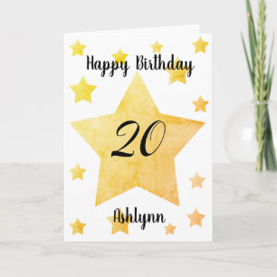 Cartão Estrelas Aquarela Dourada Feliz 20º Aniversário
