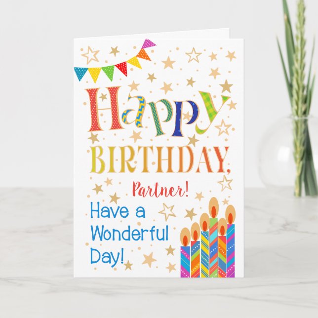 Cartão Estrelas, Bunting, Velas para Parceiro Aniversário (Frente)