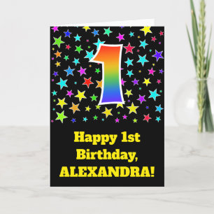 Cartão Estrelas coloridas + Padrão arco-íris "1" Aniver