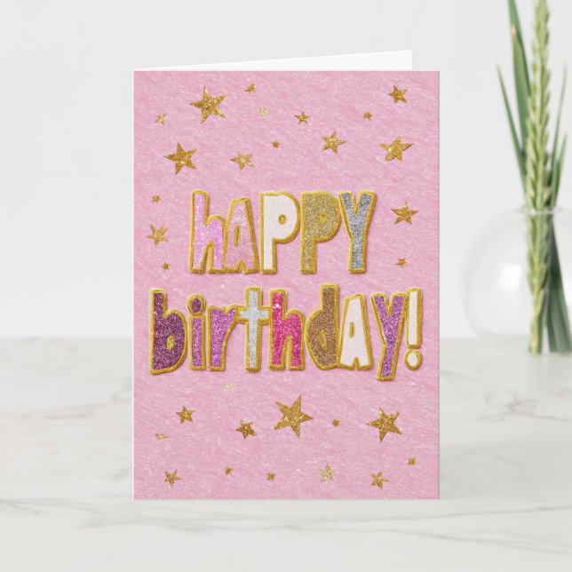 Cartão Estrelas de Aniversário Cor-de-Rosa (Frente)