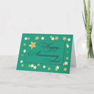 Cartão Estrelas de Efeito Dourado Verde do Aniversário d