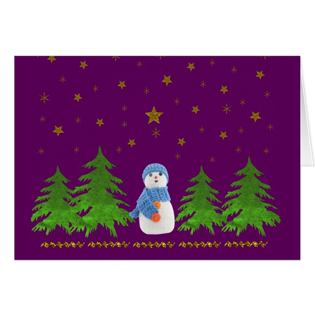 Cartão Estrelas de ouro cinza, boneco de neve e árvore ve (Frente Horizontal)