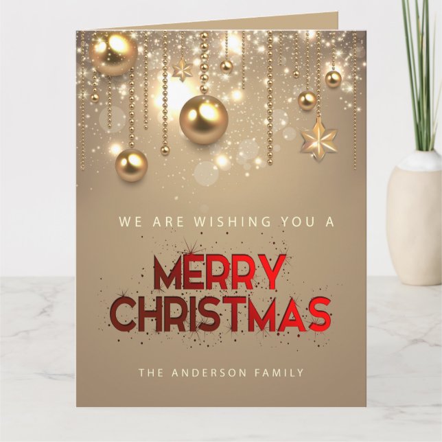 Cartão Estrelas de ouro, ornamentos, Feliz Natal (Frente)