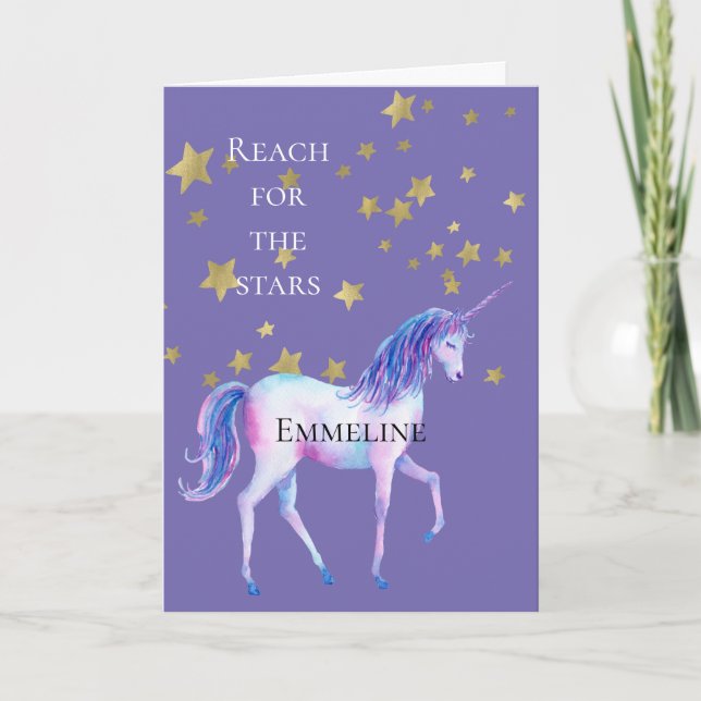 Cartão Estrelas Douradas Unicórnio Roxo (Frente)