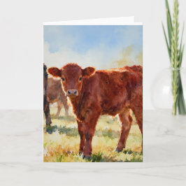 Cartão Estudo de Bezerro Angus Vermelho A em Aquarelas