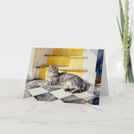 Cartão Estudo de Gato Malhado Cinza em Aquarelas