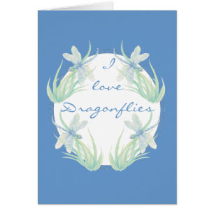 Cartão Eu amo libélulas na aguarela azul e verde