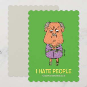 Cartão Eu odeio pessoas - desenho verde de homem rabugent