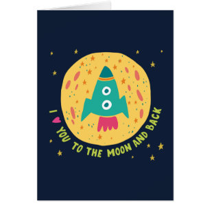 Cartão Eu te amo à lua e ao Rocketship traseiro
