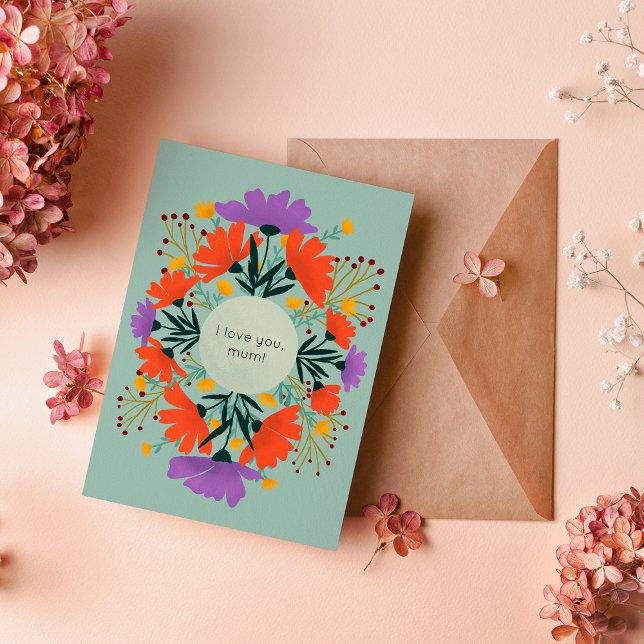 Cartão Eu te amo, mãe roxo e laranja floral (Criador carregado)