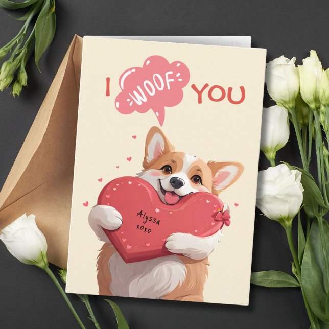 Cartão Eu Te Aventei, Namorados de Canhões de Cachorro e  (I Woof You Corgi Dog Pun Valentine & Annivesary Card)