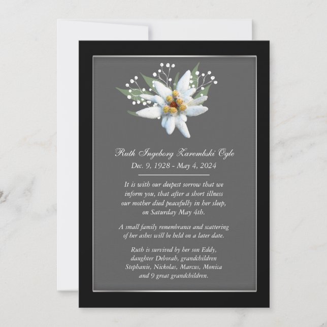 Cartão Europeu de Anúncio de Morte de Estilo Edelw (Frente)