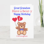 Cartão Excelente Grandson 1rua Bear-y Aniversário<br><div class="desc">Excelente Grandson tem um cartão de aniversário feliz com urso apresentando um ursinho de pelúcia segurando dois balões de coração vermelho com a idade do aniversariante. Um jogo divertido de palavras. Um cartão de excelente para enviar ao seu netinho excelente para celebrar seu aniversário. Todo o texto pode ser alterado...</div>