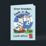 Cartão Excelente Grandson, segundo aniversário, Peek-a-Bo<br><div class="desc">Uma ilustração fofa de um gatinho escondido e jogando espiões-a-boo é mostrada num cartão azul. Perfeito para enviar seus desejos para ele quando ele fizer dois anos,  dois!</div>