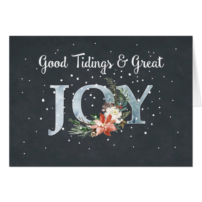 Cartão Excelente JOY Christmas Poinsettia and Snow on Bla (Frente Horizontal)