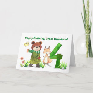 Cartão Excelente neto 4º Aniversário Urso Raposa Grande C