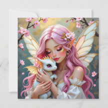 Fada de Cabelo Rosa e Dragão Bebê Branco em Branco