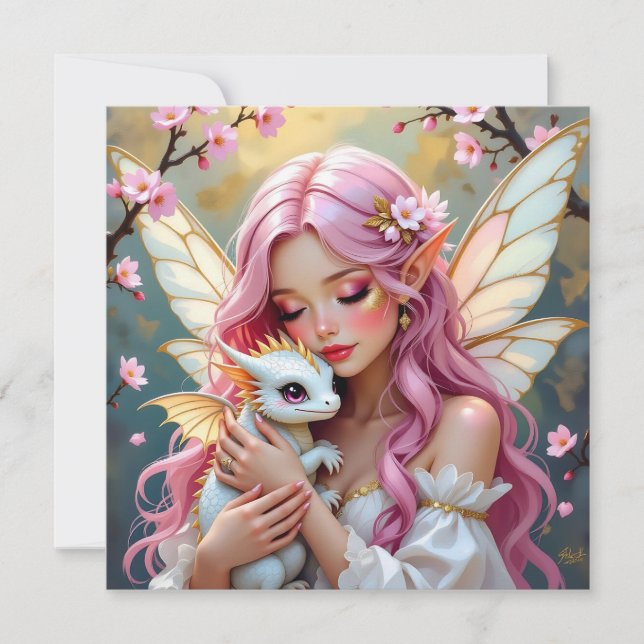 Cartão Fada de Cabelo Rosa e Dragão Bebê Branco em Branco (Frente)
