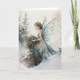 Cartão Fada de Natal com Aquarela com Buquê em Neve