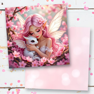 Cartão Fada Élfica Rosa Bonita & Dragão Em Branco