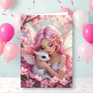 Cartão Fada Élfica Rosa Bonita & Dragão   Feliz Aniversár