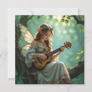 Cartão Fada Elfica Tocando Ukulele na Floresta Encantada