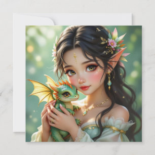 Cartão Fada Elven Bonita & Dragão Etéreo