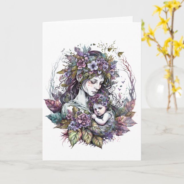 Cartão Fada-mãe e filho-Dia de as mães personalizado (Flor Amarela)